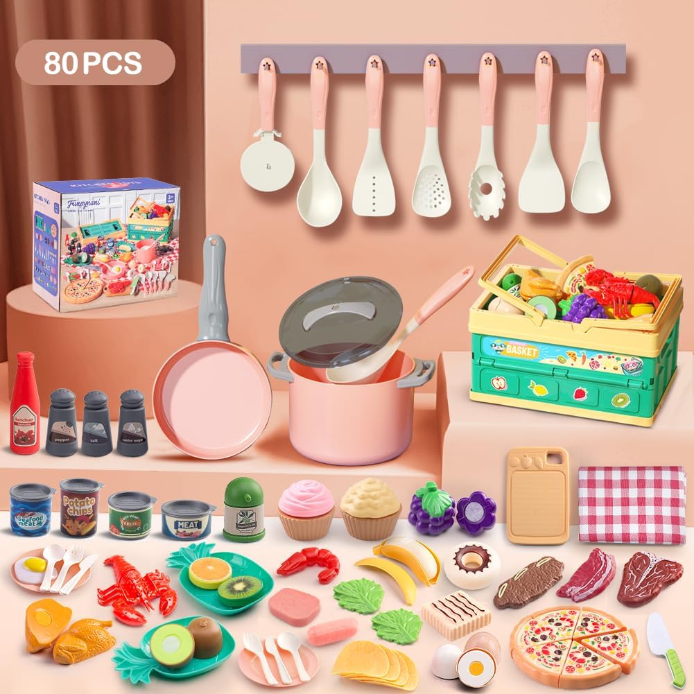 130Pcs Kitchen Playset, Toddler Pretend Cooking Play Pots, Pans, Utensils Cookware, Daily Food Fruit Veges, Shopping Storage Basket, Dessert, Prop Money, Learning Gift for Child (Pink)