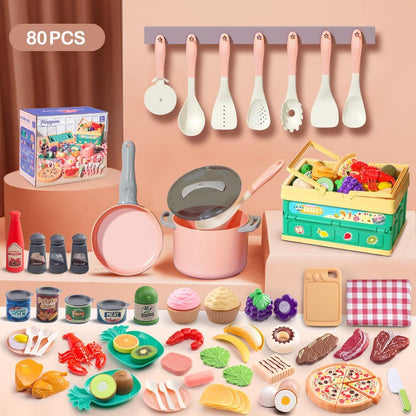 130Pcs Kitchen Playset, Toddler Pretend Cooking Play Pots, Pans, Utensils Cookware, Daily Food Fruit Veges, Shopping Storage Basket, Dessert, Prop Money, Learning Gift for Child (Pink)