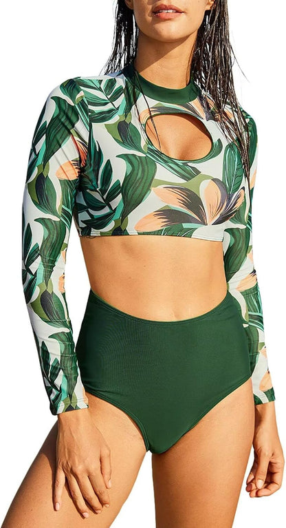 JadeRich Women's Fashion Pattern Long Sleeve Tankini Sets UPF 50+ Rash Guard Swimsuit Sun Block Swimwear