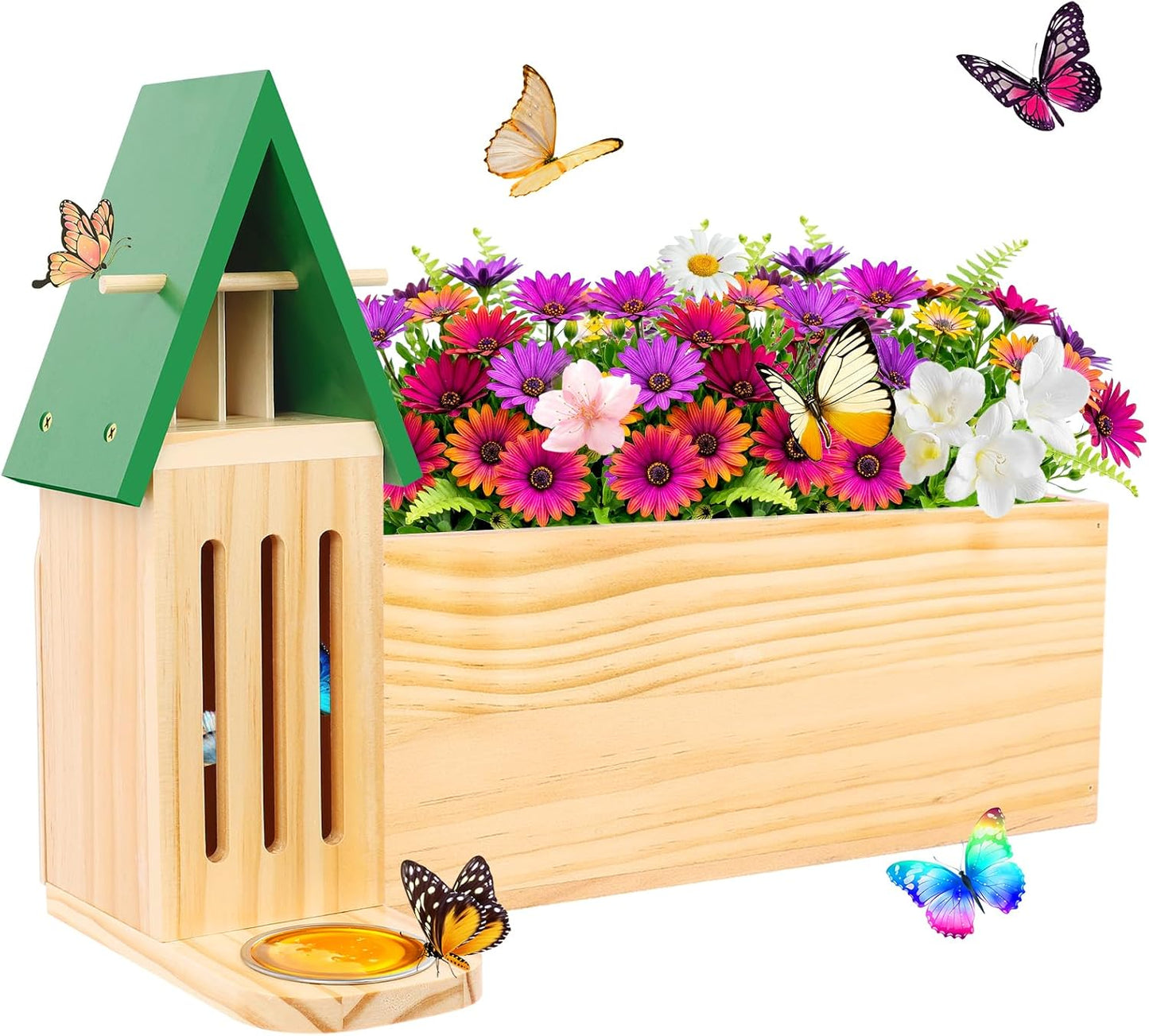 New Butterfly House and Feeder for Outside, Wooden Butterfly House with Metal Stake for Garden, Natural Butterfly Habitat with Butterfly Puddler on The Floor or Hanging on Tree Wall
