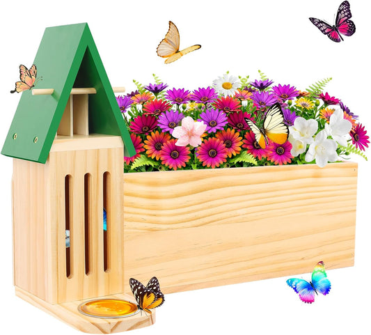 New Butterfly House and Feeder for Outside, Wooden Butterfly House with Metal Stake for Garden, Natural Butterfly Habitat with Butterfly Puddler on The Floor or Hanging on Tree Wall