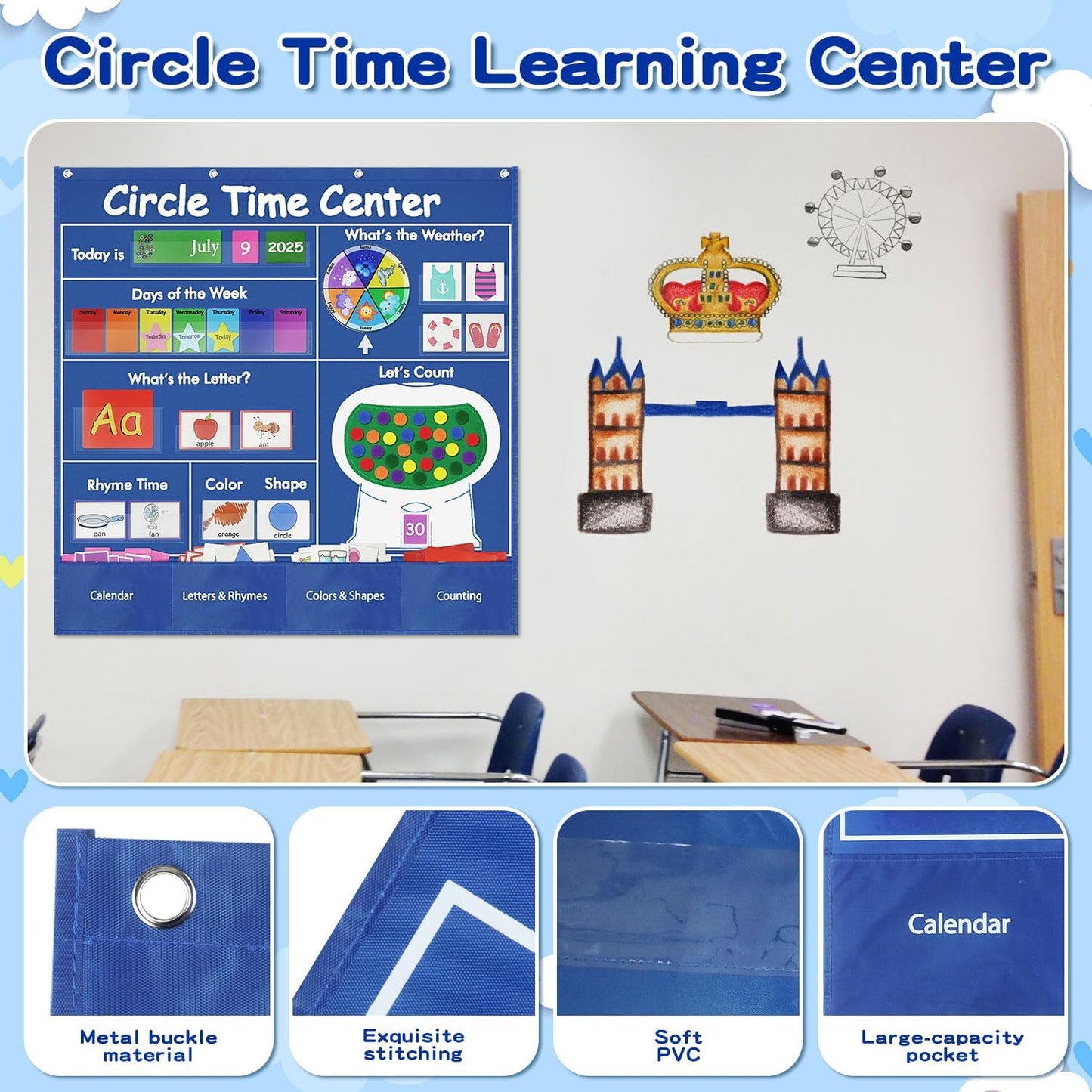 Educational Pocket Chart, 39.76 x 39.76 inches Circle Time Learning Center Pocket Chart Learning Center Classroom Pocket Chart Circle Time Learning Calendar Weather Counting Letter Color Shape