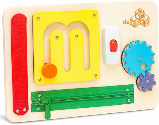 deMoca Toddler Busy Board for 1 Year Old, Travel Baby Wooden Montessori Busy Board for Toddlers 1–3, Switch and Fidget Activities for Early Motor Skills and Travel Play