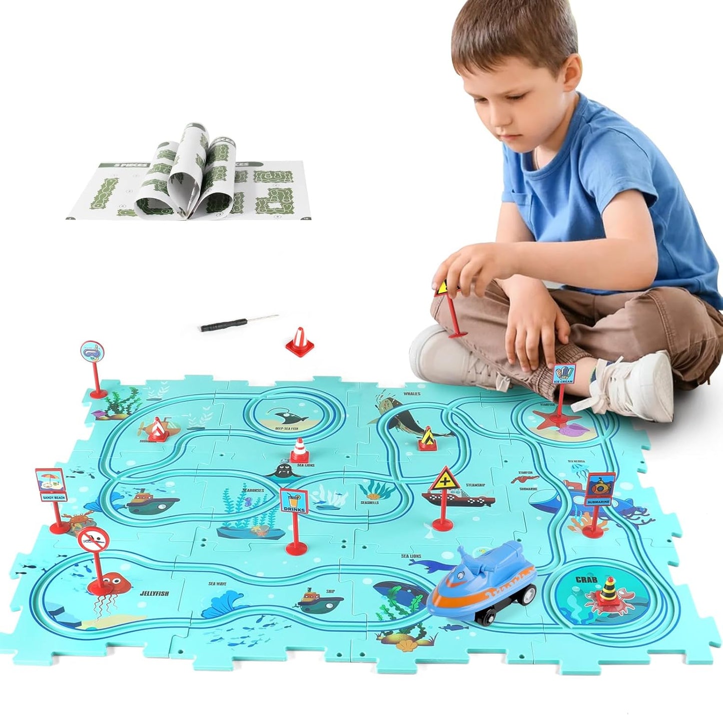 Plastic Floor Puzzles for Kids Ages 3-5, Puzzle Track Car Play Set, Educational Montessori Toys for 3 4 5 6 Year Old Boys, 3 4 5 6 Year Old Boy Birthday Gift, Boy Toys Age 3