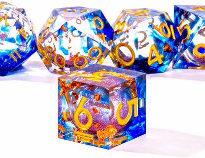 Liquid Core DND Dice Set, 7pcs Sharp Edge Dice for Role Playing Dungeons and Dragons Ttrpg with Gift Box, Handmade Resin D&D Dice RPG Role Playing Games Dice Set(Blue Gold)