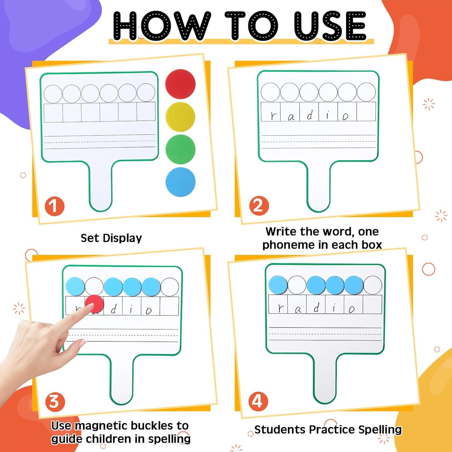Seajan 12 Pcs Paddle Set Education Dry Erase Double Side Handheld Answer Board with Magnetic Counters Discs Phonemic Awareness Phonics Games Toy for Students Kids Teaching (Classic Color)