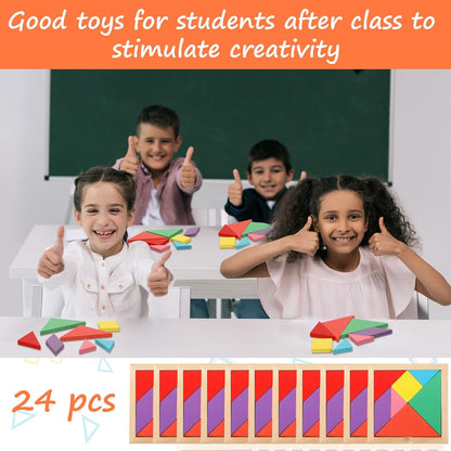 Syhood 24 Pieces Tangrams Puzzles for Students Party Favors Wooden Tangram Pattern Blocks Brain Logic Blocks for Manipulatives Games Educational Gifts and Party Favors(Classic)