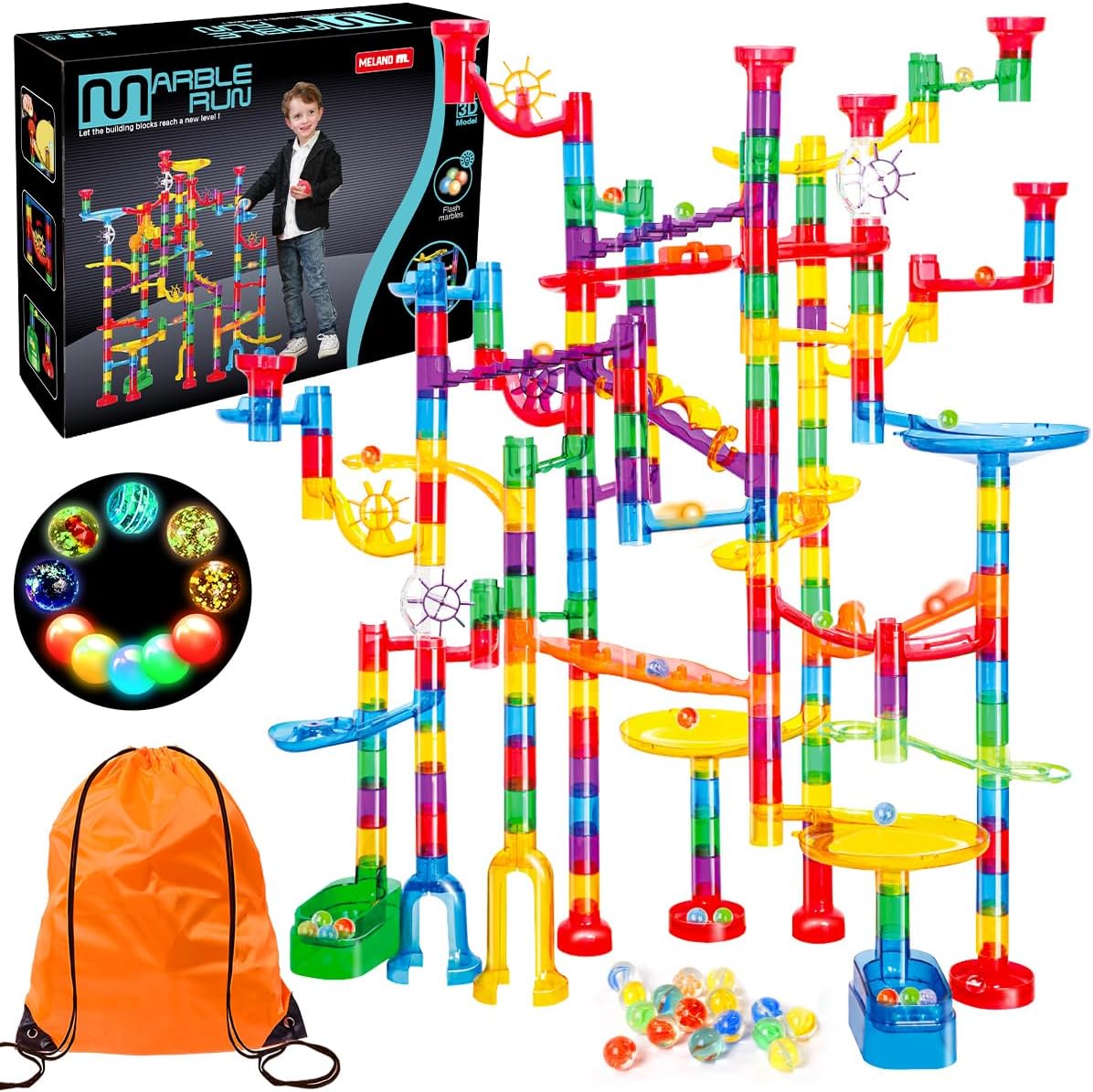 Meland Marble Run - 132Pcs Marble Maze Game Building Toy for Kid, Marble Track Race Set & STEM Learning Toys for Boy Girl Age 3 4 5 6 7 8 9+ (102 Translucent Marbulous Pcs & 30 Glass Marbles)