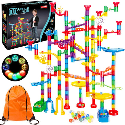 Meland Marble Run - 132Pcs Marble Maze Game Building Toy for Kid, Marble Track Race Set & STEM Learning Toys for Boy Girl Age 3 4 5 6 7 8 9+ (102 Translucent Marbulous Pcs & 30 Glass Marbles)