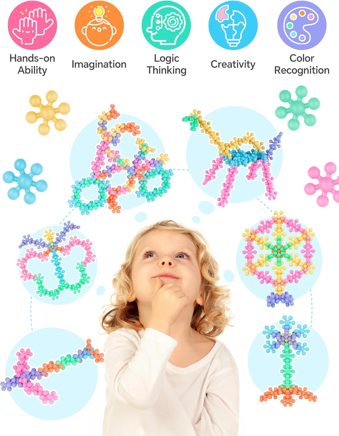 Snowflake Interlocking Building Block Educational Toy 300PCS for Kids Ages 3+, Multi-Color Solid Plastic Early Learning Creativity STEM Toy with Carrying Case Safe Material
