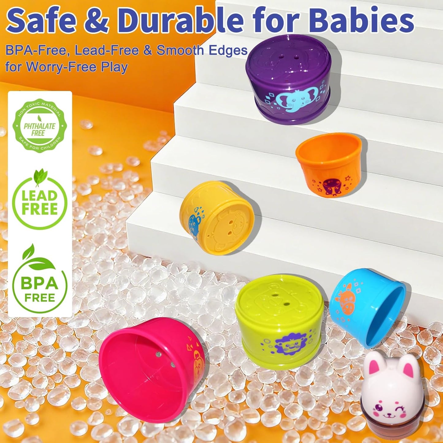 WEEJOYGAM Baby Stacking Cups, Nesting Stacking Toys for Toddlers 1-3 with Light and Sound, Montessori Toys for 1 Year Old Babies 6-12 12-18 Months Easter Gift Color Stack Bath Beach Blocks Rainbow Set