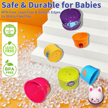 WEEJOYGAM Baby Stacking Cups, Nesting Stacking Toys for Toddlers 1-3 with Light and Sound, Montessori Toys for 1 Year Old Babies 6-12 12-18 Months Easter Gift Color Stack Bath Beach Blocks Rainbow Set