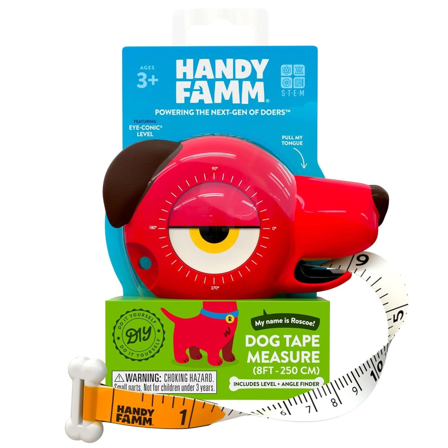 Handy Famm Roscoe the Dog 4-in-1 Kids Tape Measure with Adjustable Level Eye, Angle Finder & Eraser Ears – Montessori STEM Educational Toy for Children Ages 3+, Real Measuring Tool for Learning