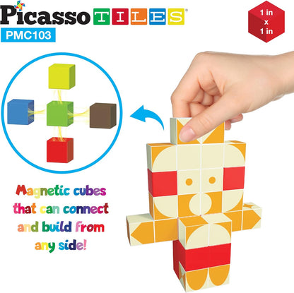 PicassoTiles 60pc Magnetic Puzzle Cube Building Set 1 Inch 3D Blocks STEM Construction Toy for Toddlers Kids Boys Girls Age 3+ Montessori Learning Travel Sensory Gift with Educational Idea Book PMC60