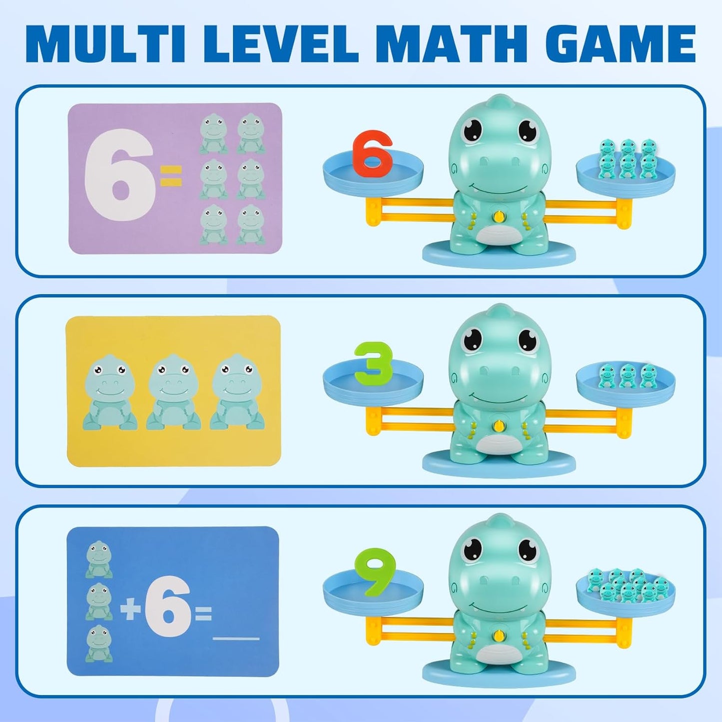 Dinosaur Math Balance Toy for Kids Ages 3-7, Montessori Number Blocks Learning & Educational Dinosaur Toys for Kids 3-5 and Math Games for Kids 5-7,Ideal Gift for Kids (Basic Blue)