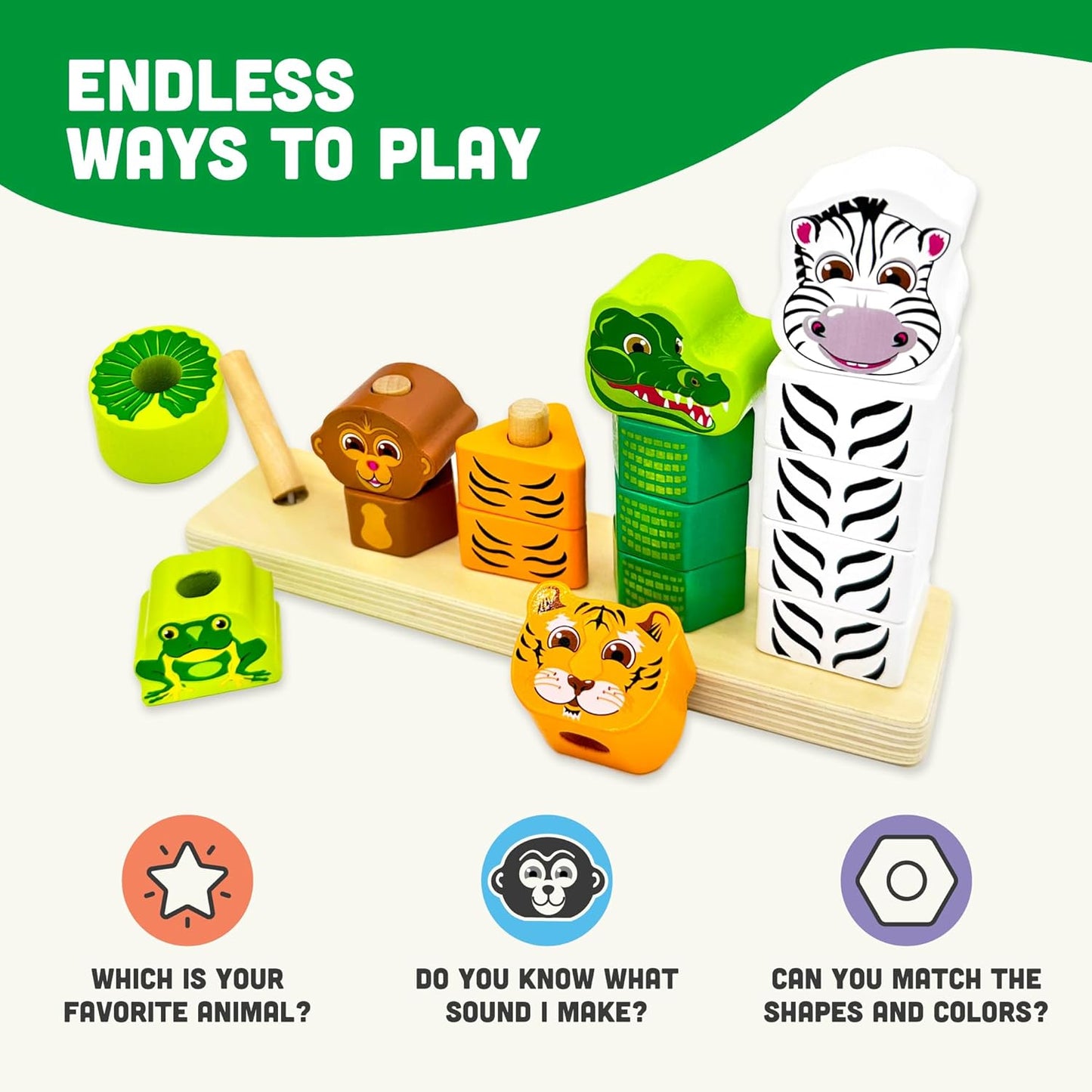 Big Discoveries Stacker - Animal Block Stacking Puzzle for Ages 2 and Up | Durable Wooden Geometry Shape Toy with Flexible Safety Pegs and Pegboard - Montessori Stack Toy for Toddlers (Farm Stacker)