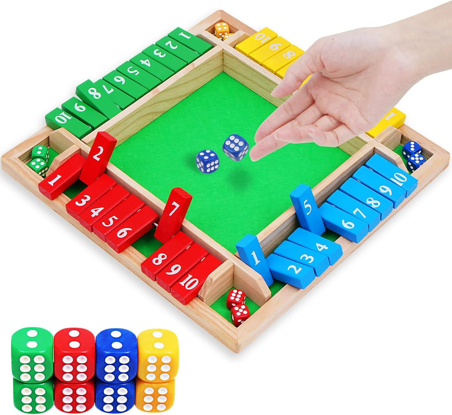 1-4 Players Shut The Box Dice Game, 10 Numbers Traditional Wooden Pub Bar Board Family Table Mat Game Dice for Adults