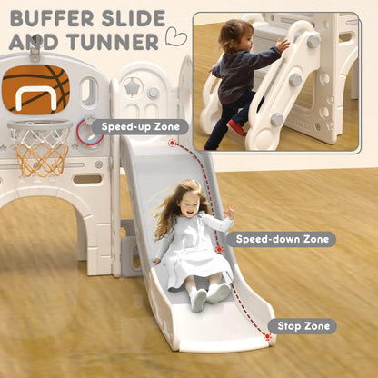 YUFU 9 in 1 Toddler Slide Set, Kids Slide for Toddlers Age 1-3, Toddler Playset with Climber and Basketball Hoop, Kids Indoor Outdoor Playground (Beige+Coffee)