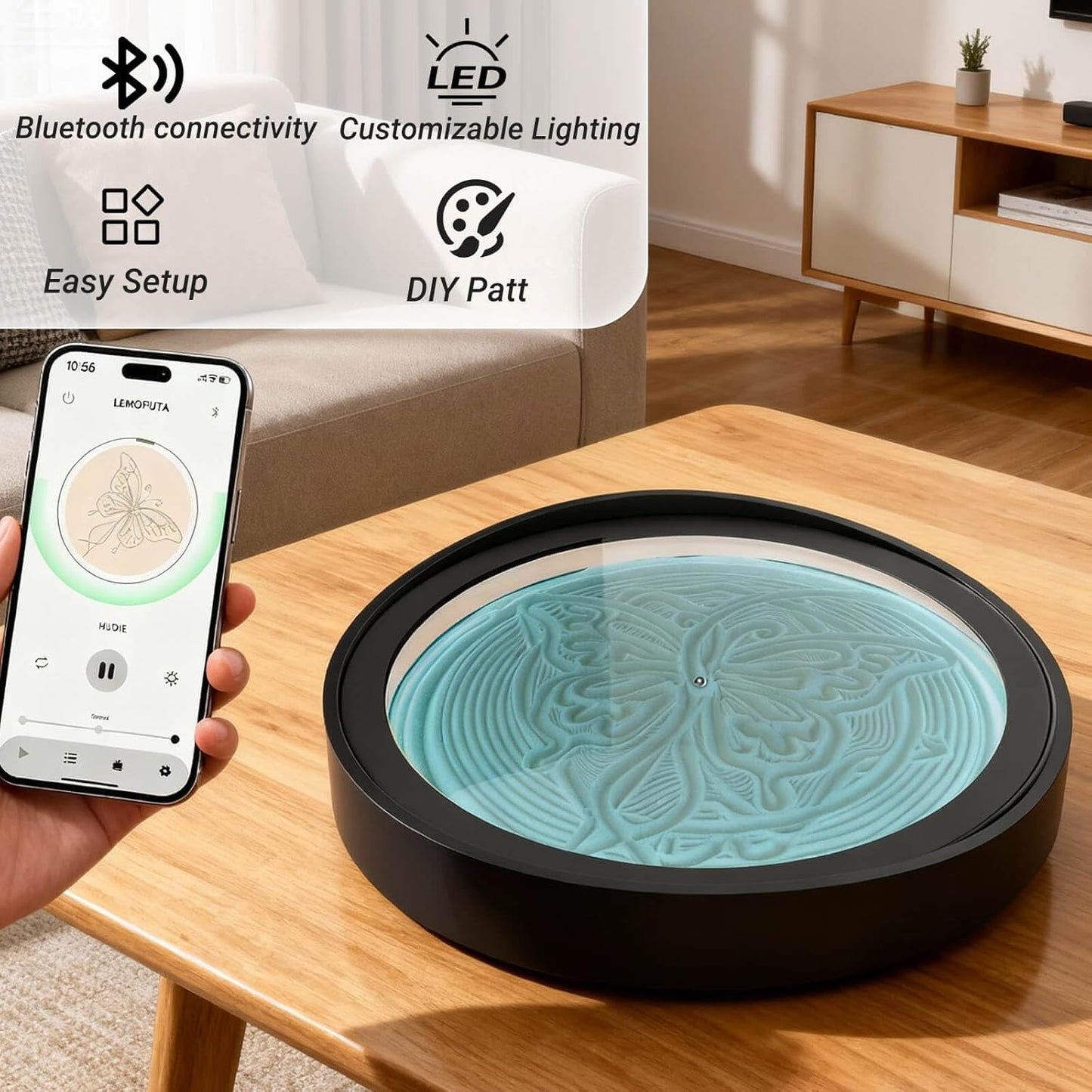 Lemofuta 20" Automatic Drift Sandscape – Zen Sand Art Display with App Control, DIY Custom Pattern Creation & LED Ambient Lighting – Perpetual Motion Decor for Relaxation, Focus & Meditation