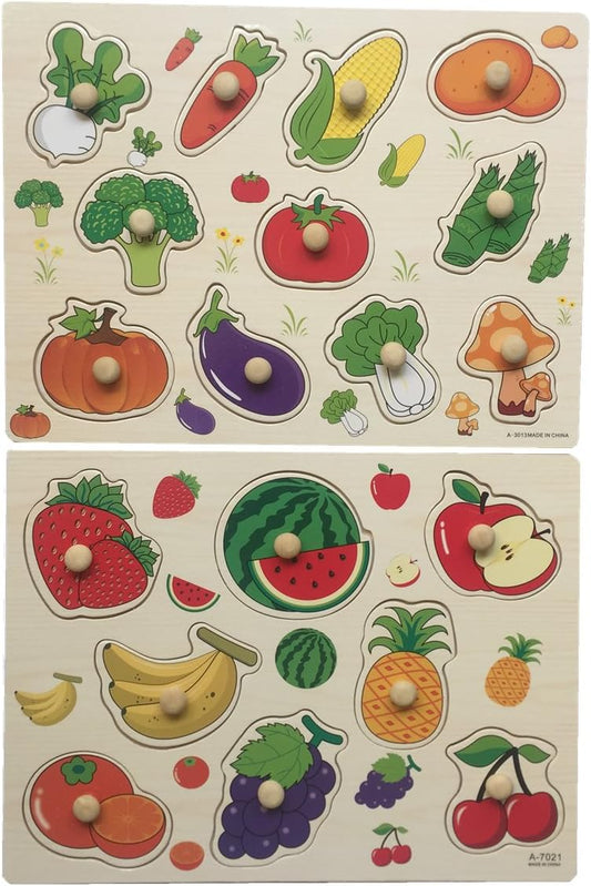 Home Learning Preschool Early Educational Development Colorful Fruit and Vegetables Wooden Peg Puzzle Jigsaw Bundle Shape Toys and Games for Age 3-7 Years Old Child Children Boys Girls