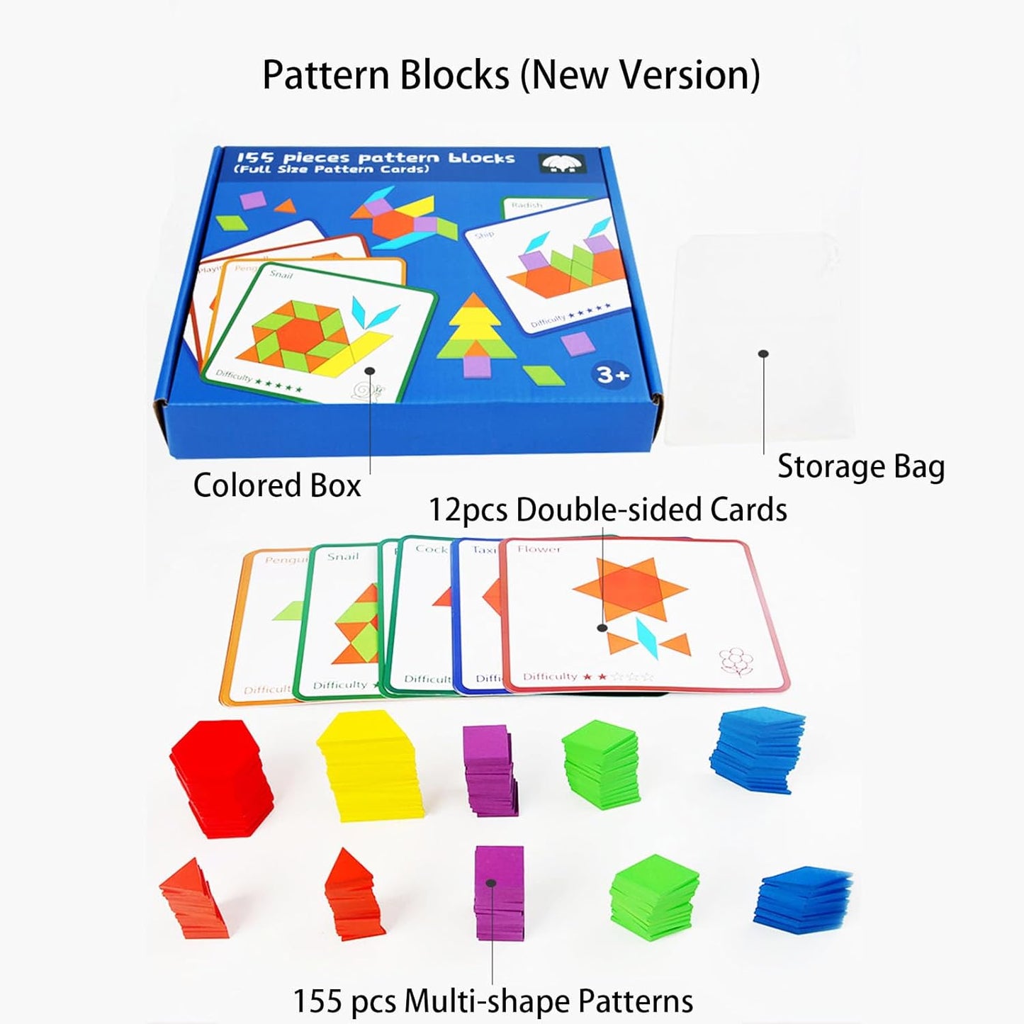 155 Pcs Wooden Pattern Blocks for Boys Girls Gift, Geometric Shape Pattern Set, Pattern Block Activity, Puzzles for Kids, Double Side Cards for 4 5 6 7 8 Years Old