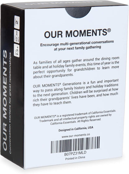 OUR MOMENTS Generations Game: 100 Conversation Starters for Grandparents & Grandchildren, Portable Cardstock Tabletop Game for Family Dinner, Car, Camping, Road Trip