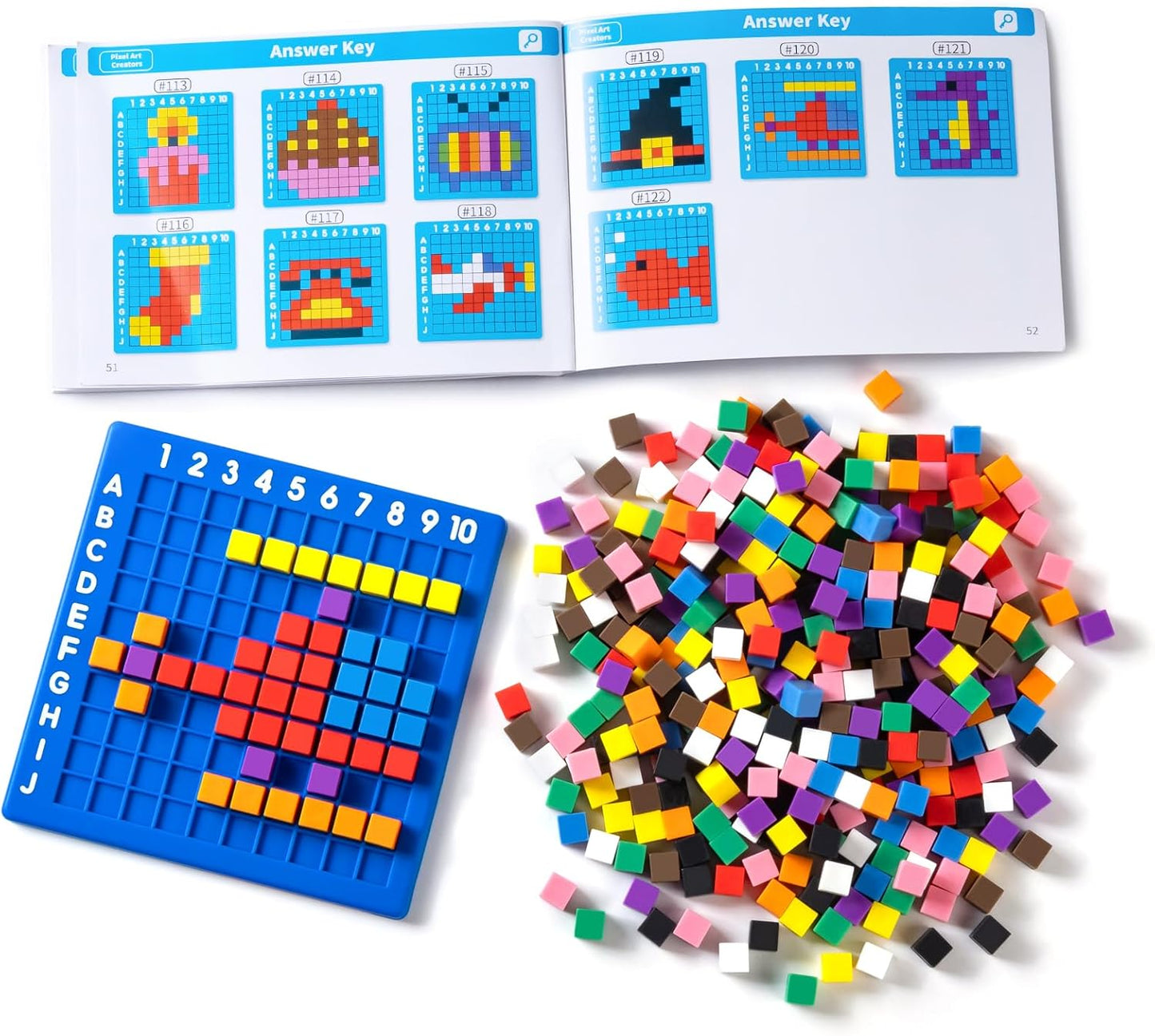 Pixel Art Creator – 400 Hard Plastic Cubes - 100 Pcs Math Linking Cubes with 384 Cartoon Stickers, STEM Toy for 5+ Year Olds, Fine Motor Skills Game & Kinder Classroom Must-Have