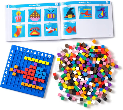 Pixel Art Creator – 400 Hard Plastic Cubes - 100 Pcs Math Linking Cubes with 384 Cartoon Stickers, STEM Toy for 5+ Year Olds, Fine Motor Skills Game & Kinder Classroom Must-Have