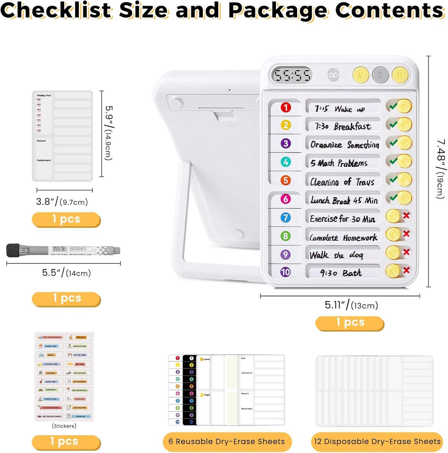Magnetic Chore Chart for Kids, ADHD Tools for Kids to Do List Checklist Task Board Routine Chart Visual Schedule for Fridge with 10 Sliders and Magnetic Marker - White