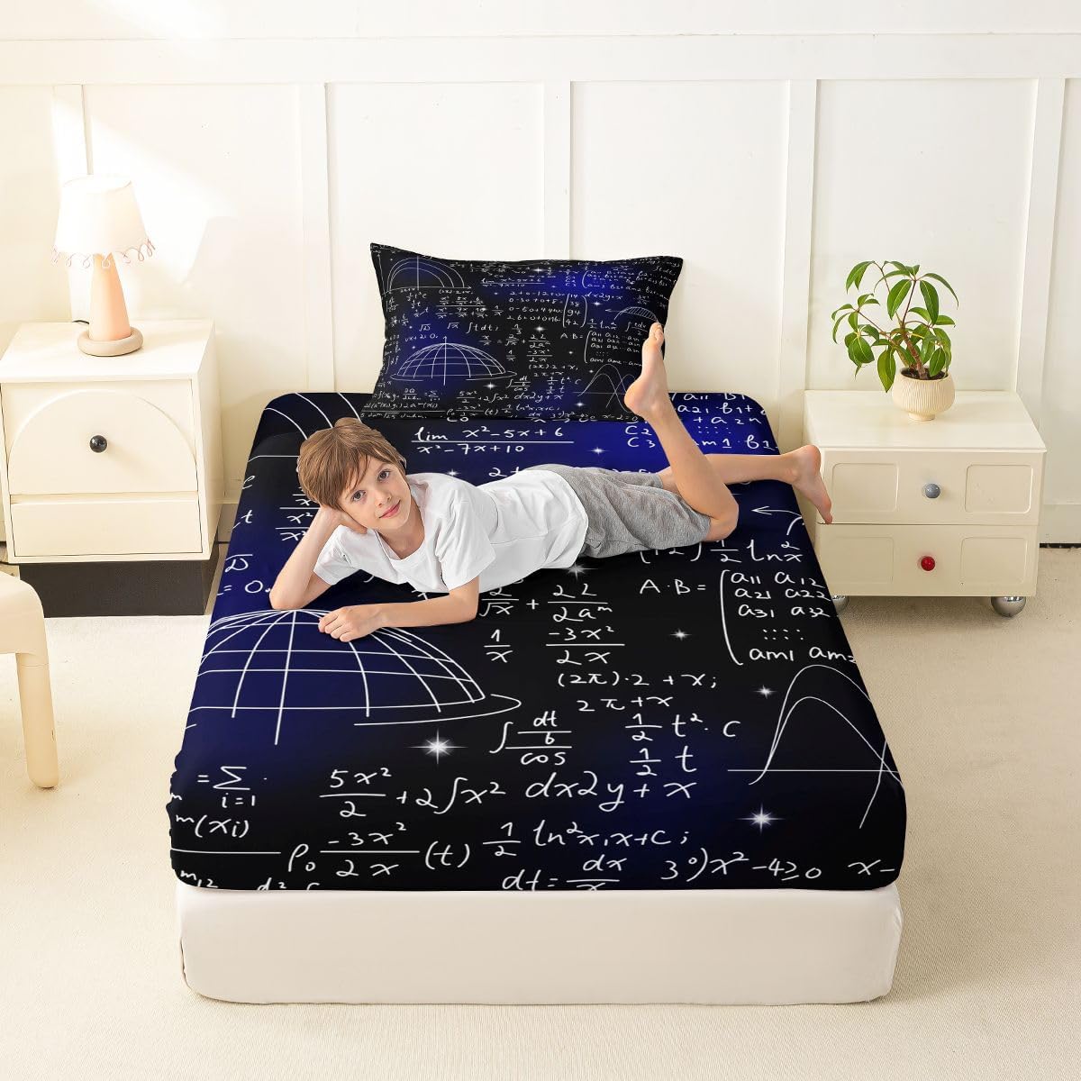 Erosebridal Science Theme Bed Sheets Set Full Size for Boys Girls Chemistry Periodic Table Print Sheet Set Chemical Subject Theme Sheets Teens Kids Math Science Atyle Fitted Sheet 4 Pcs
