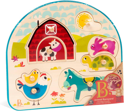 B. toys – 4 Wooden Peg Puzzles – Dinosaurs, Sea Animals, Vehicles, Farm – Puzzles for Toddlers, Kids – 18+ Months