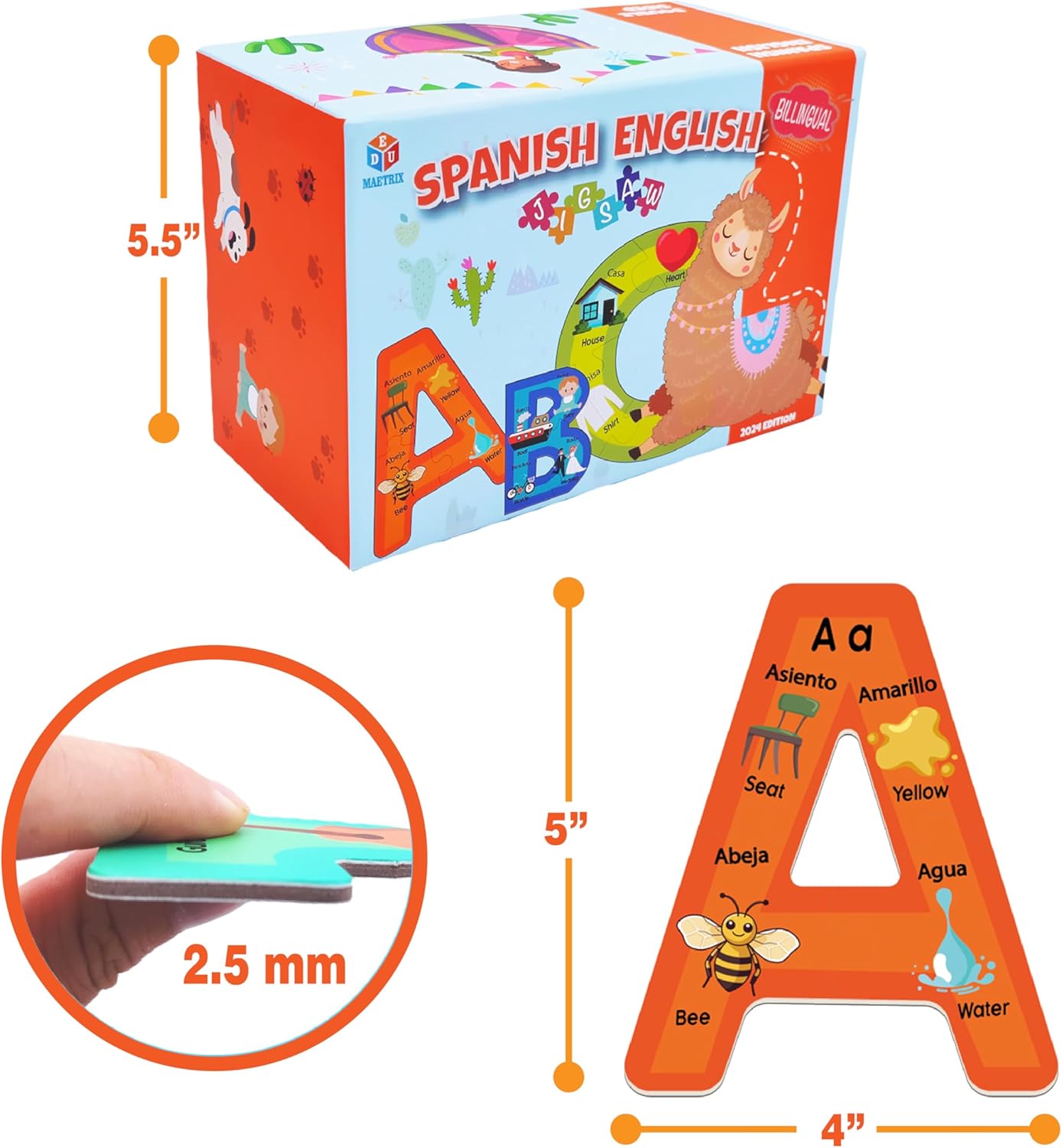Bilingual Spanish English Alphabet ABC Puzzle Jigsaw for Toddlers, Age 5+, Montessori Preschool Kindergarten ABC Sight Words Letter Puzzle 27 Letters Double-Sided with Gift Box