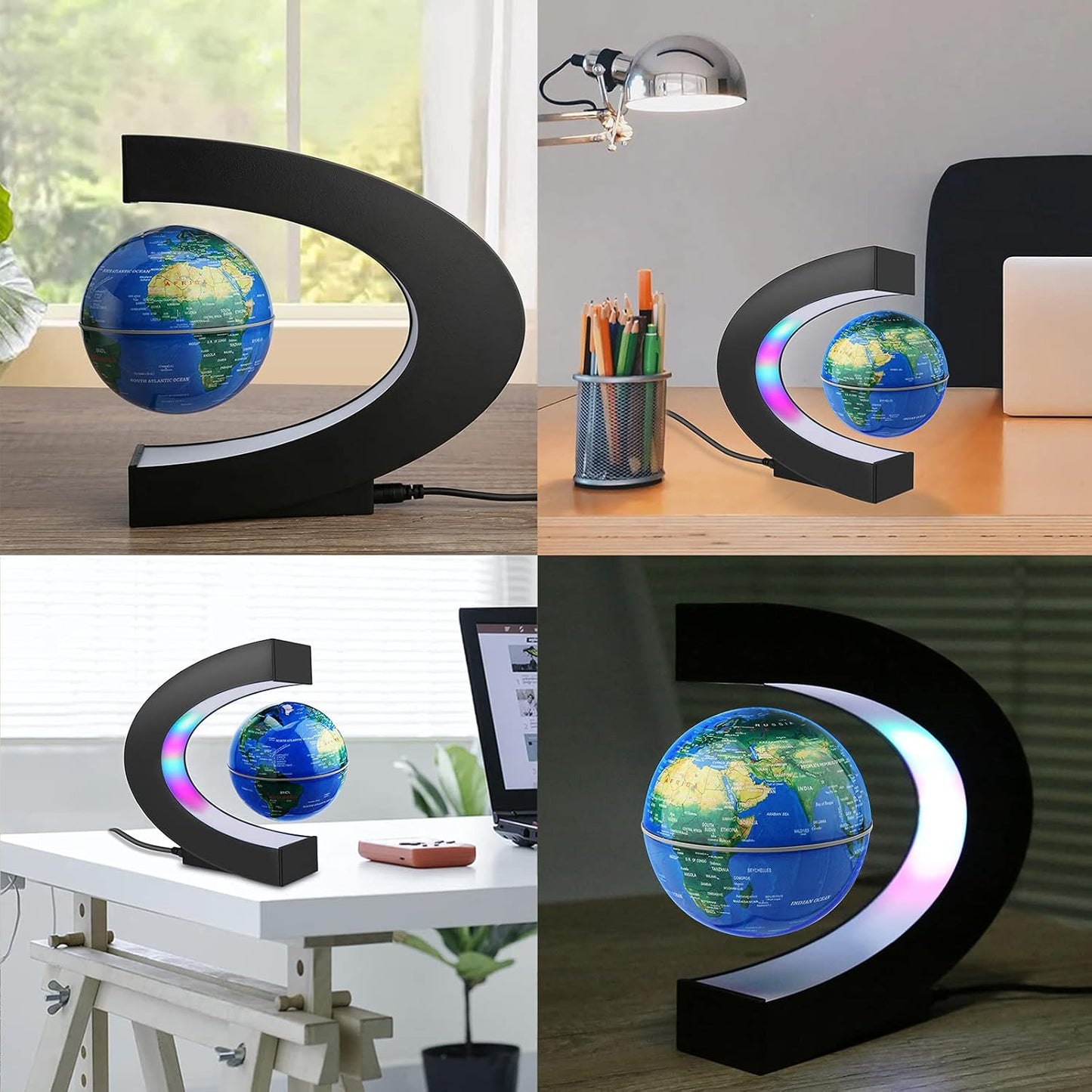 Novelty Gifts for Kids, Boys, Girls, Birthday Gift for Men, Gifts for Boss, Boyfriend, Graduation Gift for Him, Magnetic Levitation Floating World Map Globe with C Shape Base, With LED Lights