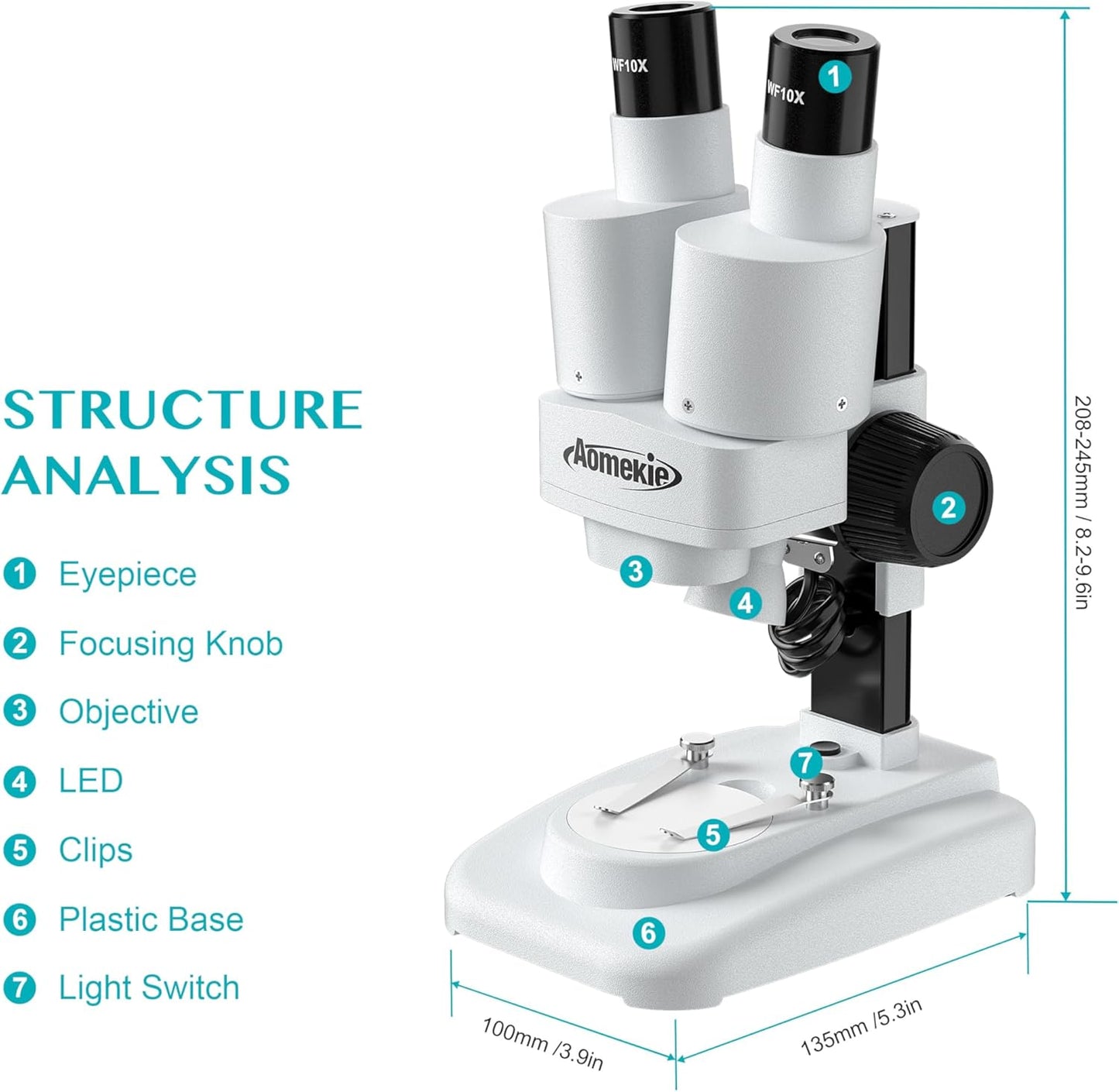 Aomekie® Microscope 20X 50X with 10Pcs Slides Insect Specimen Stereo Microscope with WF eyepieces LED Light Source Portable Stereoscope 12Pcs Mineral specimens