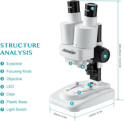 Aomekie® Microscope 20X 50X with 10Pcs Slides Insect Specimen Stereo Microscope with WF eyepieces LED Light Source Portable Stereoscope 12Pcs Mineral specimens