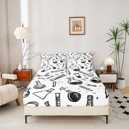 Chemistry Bed Sheets for Kids Teens Girls Boys,Chemical Experiment Fitted Sheet Twin,Science Themed Sheets for Math Lovers,Chemistry Lab Bedding Set,White and Black