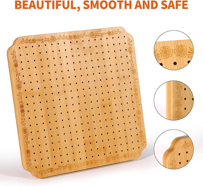 CraftyManor 7.6 in Blocking Boards for Crochet Projects with Rose Pattern, Crochet Blocking Board with Pegs, Granny Square Blocking Board with 20 Stainless Steel Pegs, Bamboo
