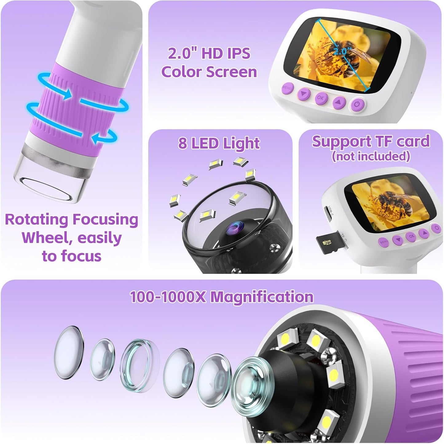 Pocket Kids Microscope for Over 3 Years Old, 1000X Handheld Microscope for Kids w/2''IPS Digital, Photo Video Mini Portable Microscopes, Science Edu Digiscope,Christmas Birthday Gifts for Kids