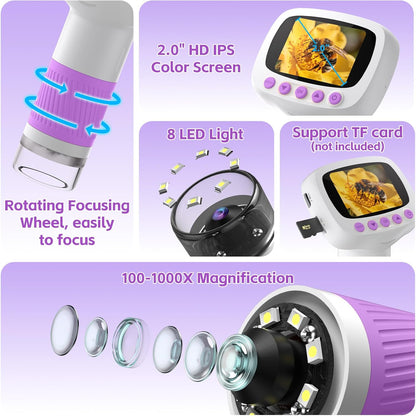 Pocket Kids Microscope for Over 3 Years Old, 1000X Handheld Microscope for Kids w/2''IPS Digital, Photo Video Mini Portable Microscopes, Science Edu Digiscope,Christmas Birthday Gifts for Kids