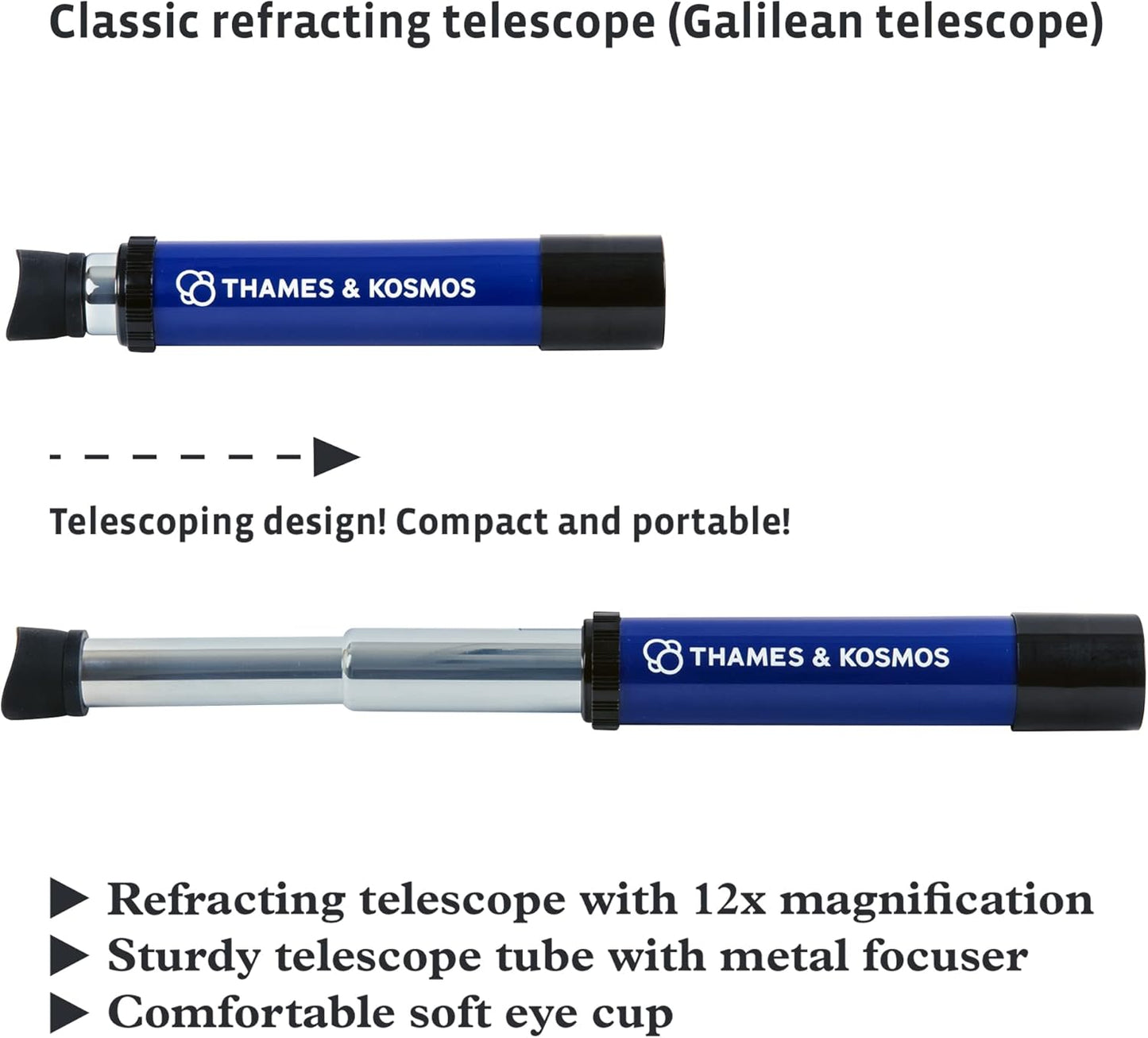 Thames & Kosmos My Discovery Telescope | Refracting Telescope with 12x Magnification | Compact & Portable for Land & Night Sky Observations | See The Moon, Planets, Wild Animals in Your Backyard!