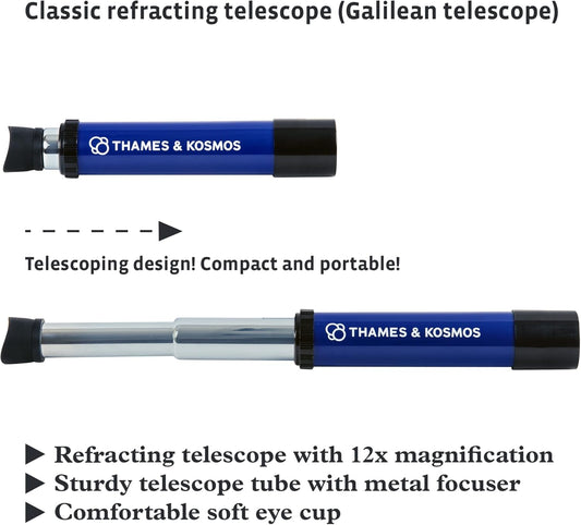 Thames & Kosmos My Discovery Telescope | Refracting Telescope with 12x Magnification | Compact & Portable for Land & Night Sky Observations | See The Moon, Planets, Wild Animals in Your Backyard!