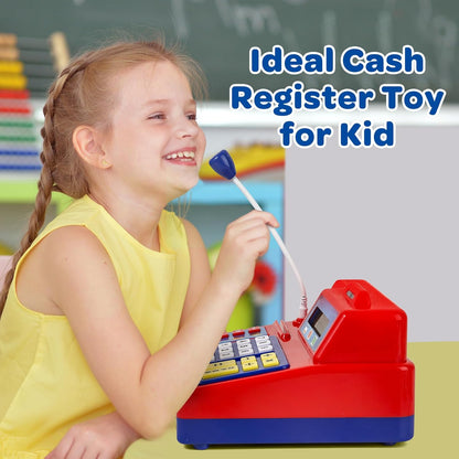 Calculator Cash Register Toy Gift for Kids Age 3, 4, 5, 6, 7, 8+ Year Old, 103 Pcs Pretend Grocery Store Playset with Toy Cash, Microphone, Credit Card, Play Cash Register for Toddlers 4-8, Silvery
