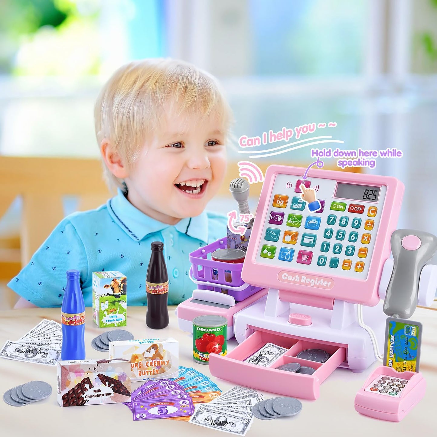 PLAY Kids Cash Register Toy - Pretend Play Calculator Register Toys with Microphone/Conveyors/Play Money/Scanner/Credit Card/Cans/Drink, 3+ Toddler Develops Early Math Skills Learning Toys