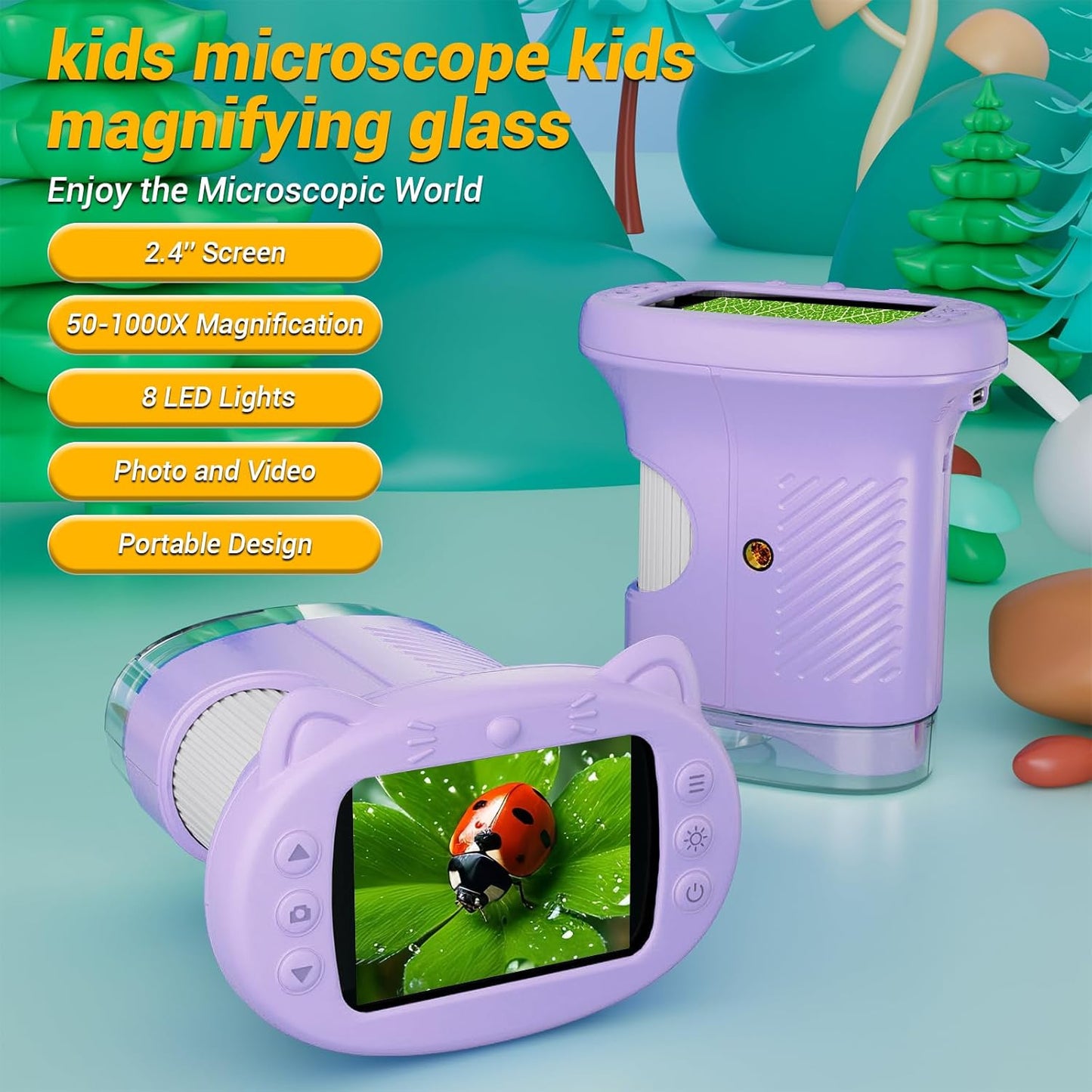 Kids Microscope: 1000X Handheld Pocket Microscope for Photo and Video Portable Science Kits STEM Toys – Christmas/Birthday Gifts for Girls & Boys Ages 3-12(Orange)