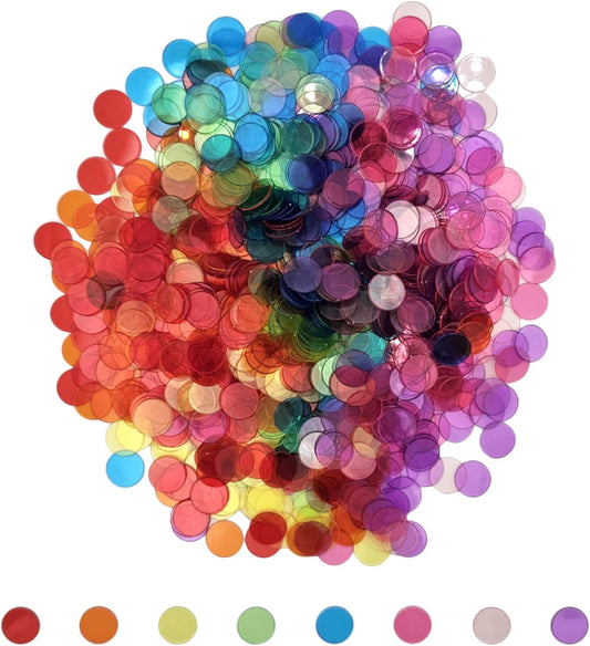 SUTIMSHE 1000 Pcs of 3/4 inch Transparent 8 Color Bingo Counting Chips Plastic Markers for Bingo Games, Math Counters,Classroom,Fun Family Game Night, Large Group Games
