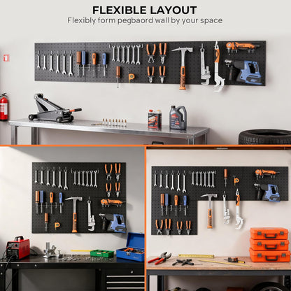 INCLY 70PCS Pegboard Wall Organizer, 4PCS Metal Peg Board Panels with 66PCS 1/4" Pegboard Hooks Accessories Kit, Black Peg Board for Walls Home, Garage Tool Storage, Workbench Organization