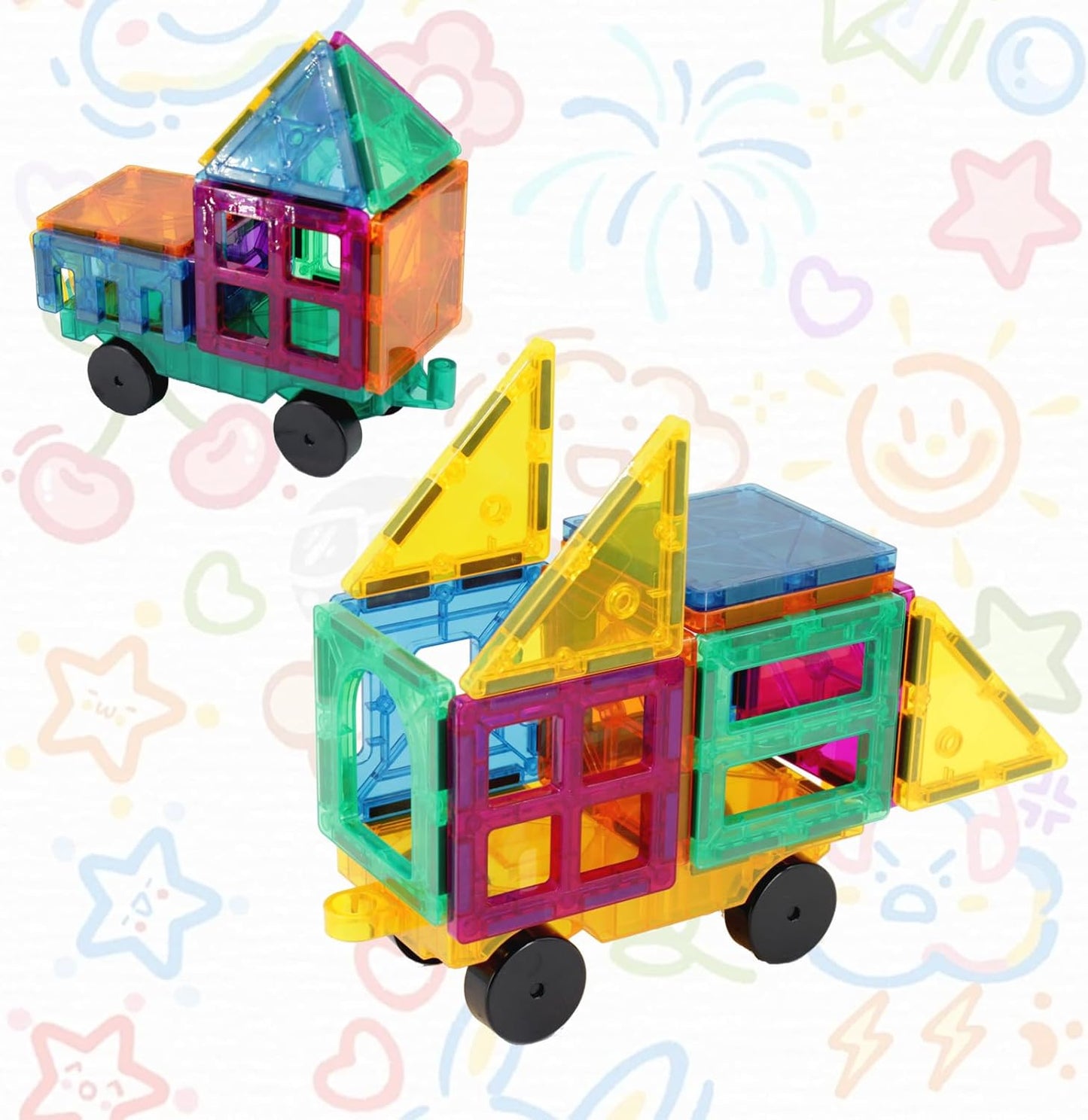 Magnetic Tiles, 96PCS Magnetic Block Toddler Toys with 2 Cars, 3D Clear Magnet Building Tiles Set, STEM Educational Toys for Kids 3-9 Years