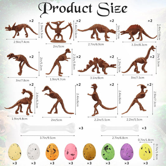54 PCS Dinosaur Fossil Skeletons, Assorted Dinosaur Skeleton Figures with Colorful Foam Dinosaur Eggs and Plastic White Bones for Science Dino Sand Dig Party Favor Decorations (Brown)