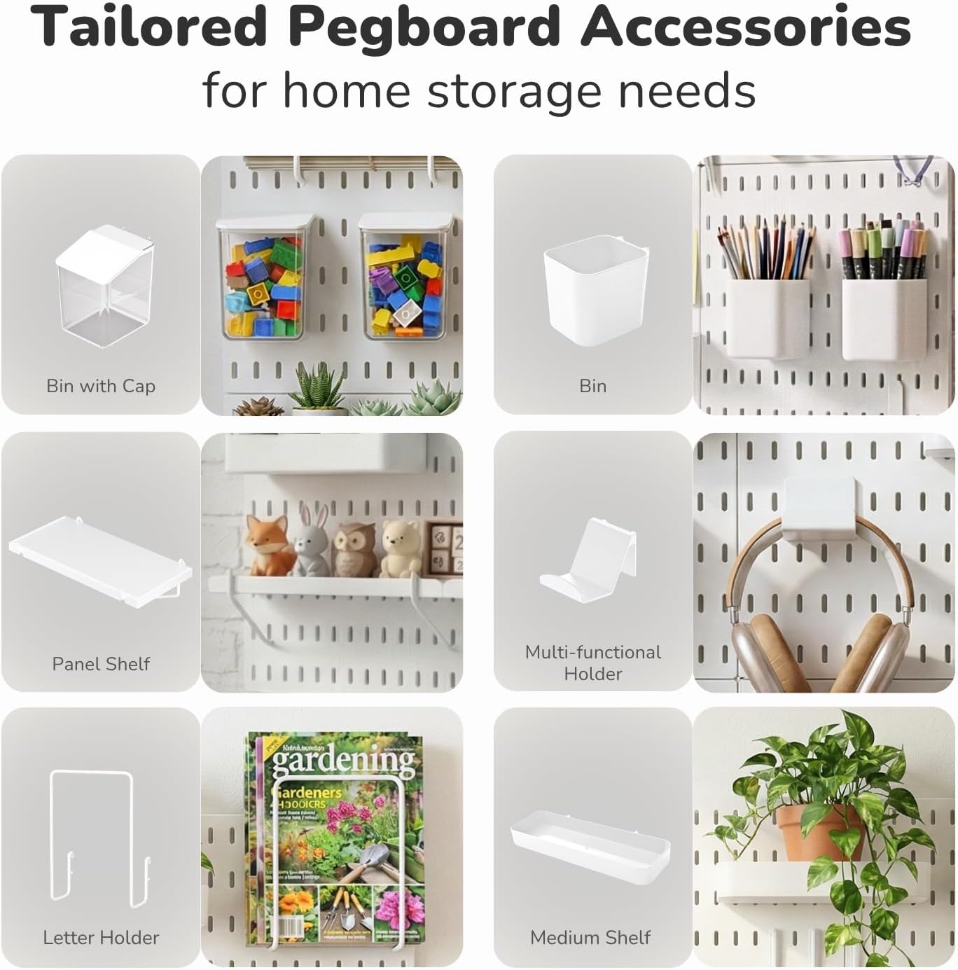 Keepo Peg Board Wall Organizer – Plastic Pegboard Panels, Modular Peg Board Storage System for Home Office, Craft Room, Gaming Setup (White, 33″×22″)