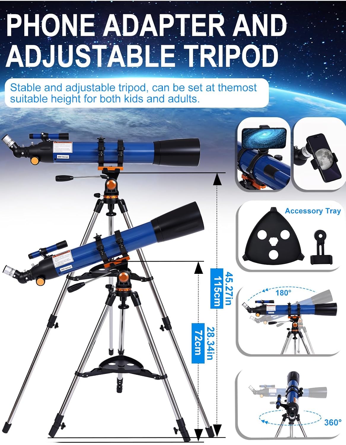 Telescope for Adults High Powered 90mm Aperture 800mm (32X-240X), Refractor Telescopes for Astronomy Beginners with AZ Mount Tripod, Phone Adapter, Carry Bag (80090white)